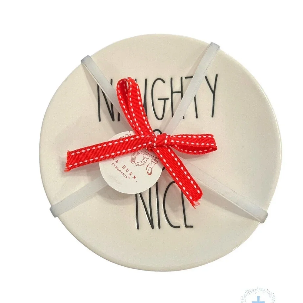 NWT 4 Rae Dunn Magenta Naughty & Nice 6” Plates Christmas Holiday Appetizer Blk